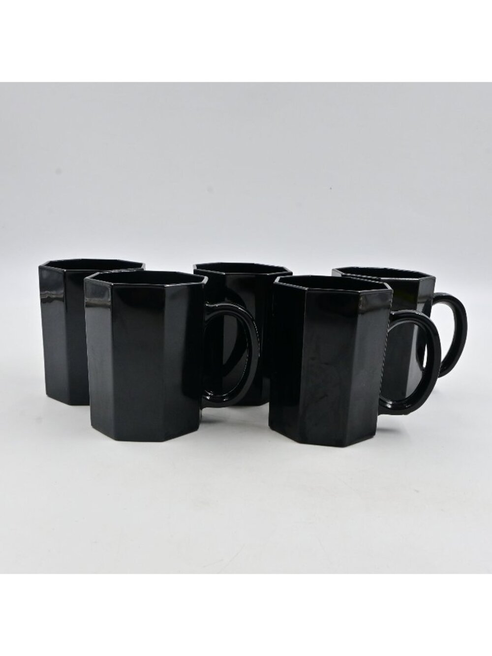 Arcoroc France Octime Black Glass Octagon Coffee Mug Set Of 5 Vintage